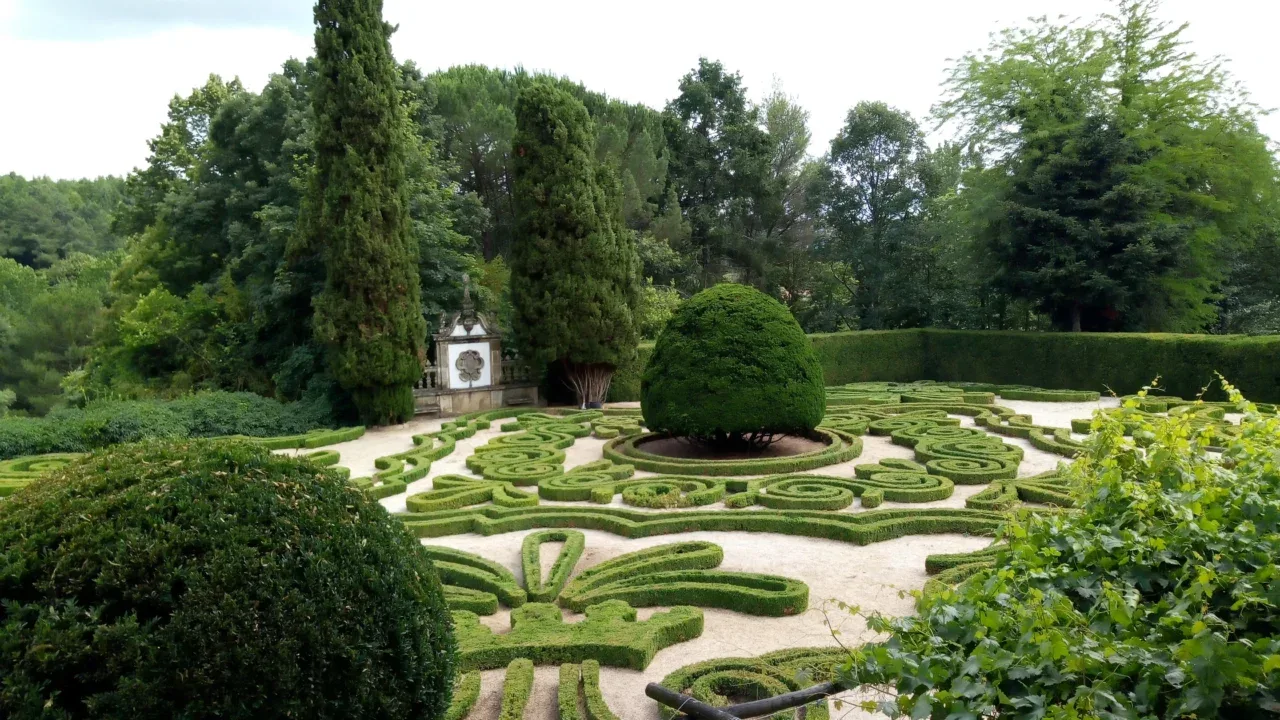 a garden with a hedge and trees