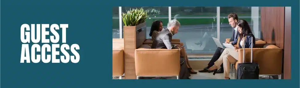 priority pass membership guest access policy image showing 4 people in airport lounge on laptops and phones