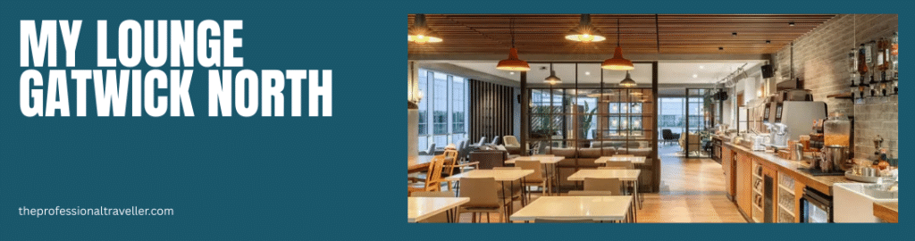 priority pass lounges gatwick image showing my lounge gatwick north with tables for 2 and overhead lamps and buffet of food