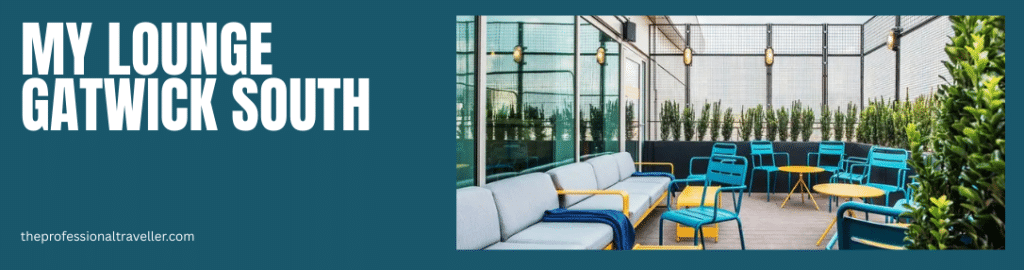 priority pass lounges gatwick image showing my lounge gatwick south and the outdoor terrace with yellow metal tables and blue metal seats