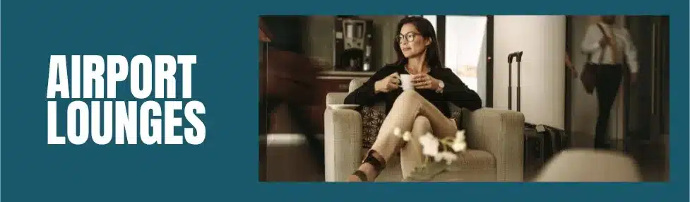 airport lounges post image showing woman in airport lounge with hot drink in her hand and suitcase beside her