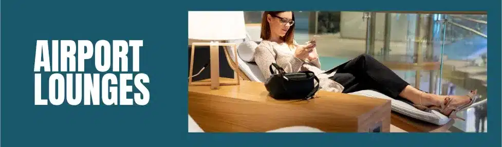 airport lounges post image showing woman on recliner chair in an airport lounge checking her phone