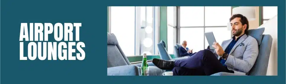 airport lounges post image showing man in comfy chair in airport lounge looking at a tablet
