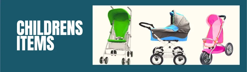 cabin baggage easyjet childrens items prams showing green push chair, blue pram and pink stroller