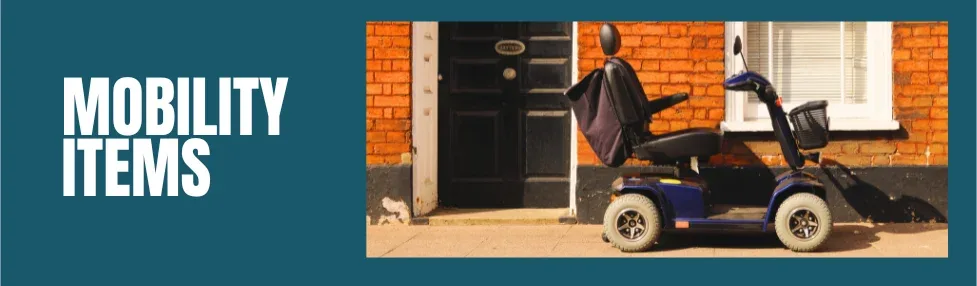 easyjet hold luggage image showing blue mobility scooter parked outside a house with black door