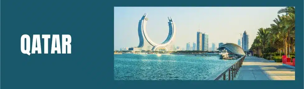 where is it 20-25 degrees in january image showing qtar with promenade and sea and palm trees in the foreground and skyscrapers in the background
