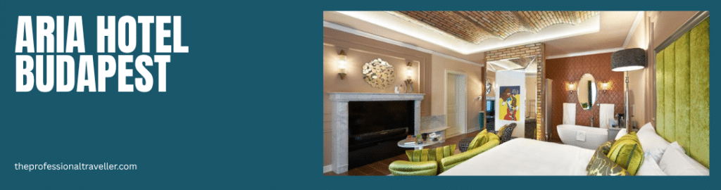 where to stay in budapest image showing the aria hotel in budapest with large double bed, table and fireplace