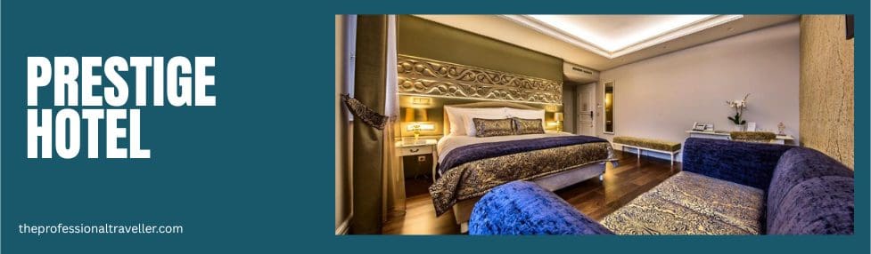 where to stay in budapest image showing the prestige hotel in budapest bedroom with blue and gold sofa and bed