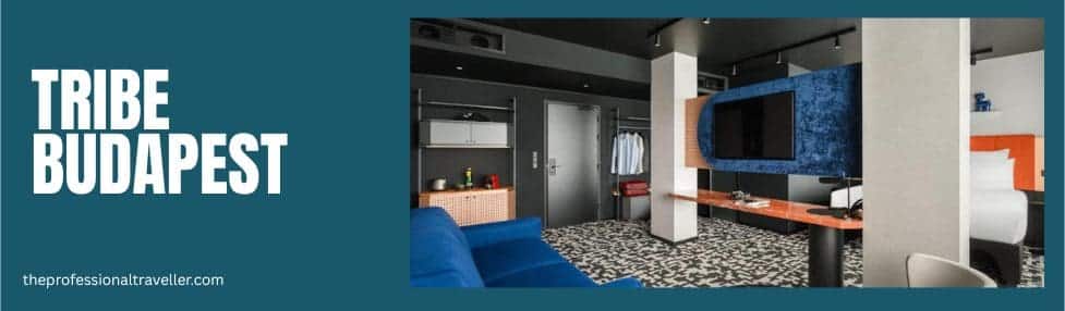 where to stay in budapest image showing tribe extra bedroom with centrally mounted tv, zebra carpet and double bed
