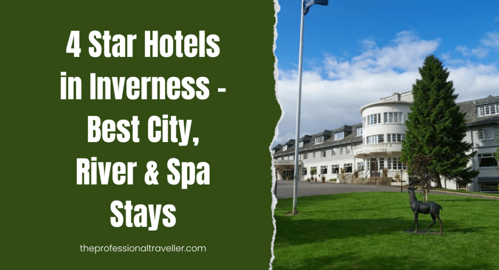 4 star hotels in inverness featured image showing the drumossie hotel front of building with large fir trees and statue of a stag
