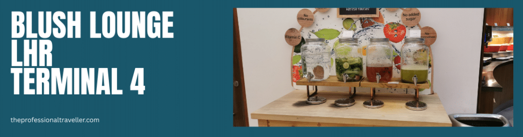 blush lounge terminal 4 with hydration station at entrance to the lounge showing bottles of flavoured water