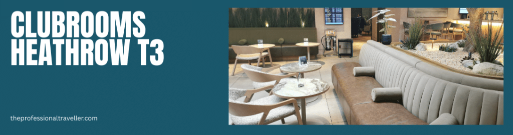 clubrooms heathrow terminal 3 image showing beige sofa seating with beige chairs and small round tables