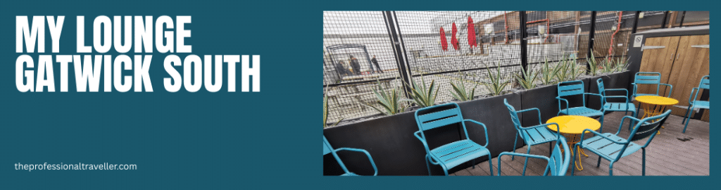 mylounge gatwick south image showing outdoor terrace with blue chairs and yellow tables