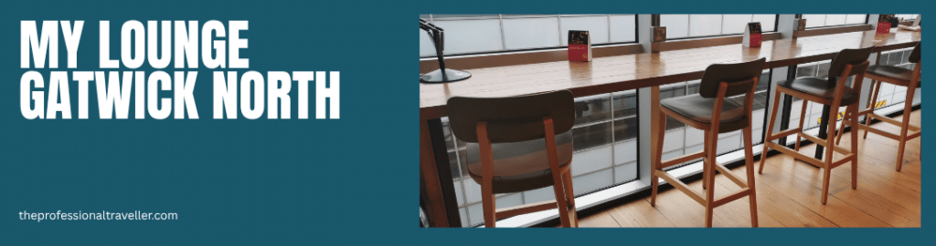 best gatwick north lounge for business travellers showing Bar stools by large windows.